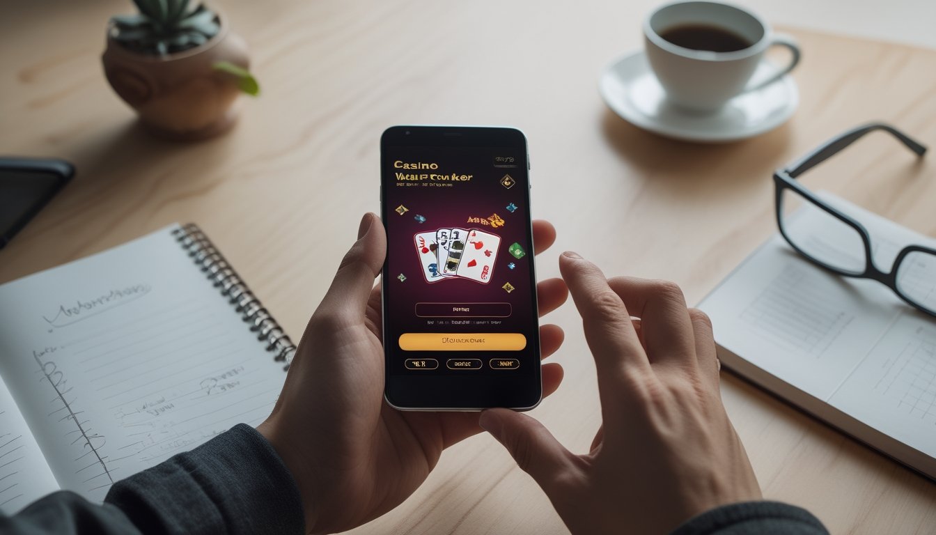 Seseorang memegang ponsel Android yang menampilkan permainan Casino War Poker, dengan meja kerja yang rapi dan alat tulis di sekitarnya.