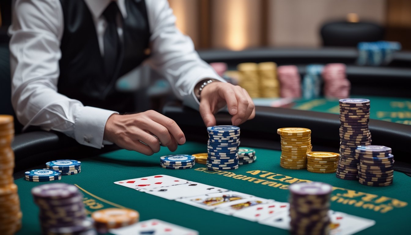Seorang pemain di meja kasino sedang merencanakan strategi taruhan dengan kartu dan tumpukan chip poker.
