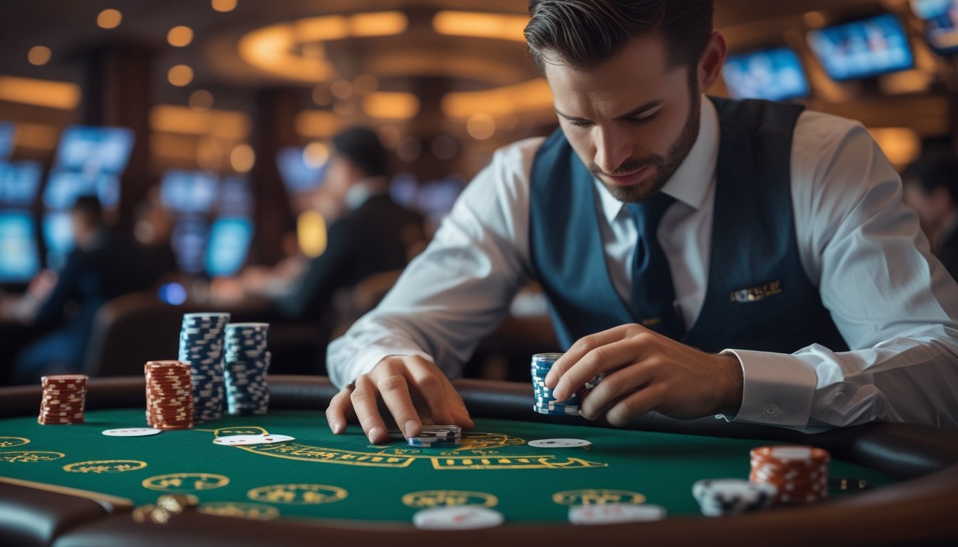 Seorang pemain poker di meja kasino sedang fokus menganalisis kartu dan chip dalam suasana kasino yang mewah.
