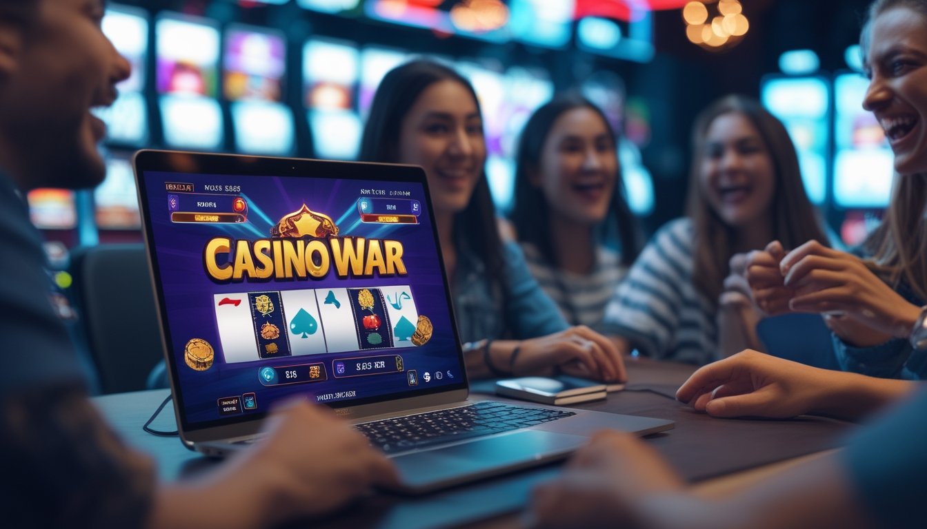 Seorang pemain yang menikmati permainan Casino War Poker secara online dengan layar komputer menampilkan kartu dan chip poker, di lingkungan yang nyaman dan penuh semangat.