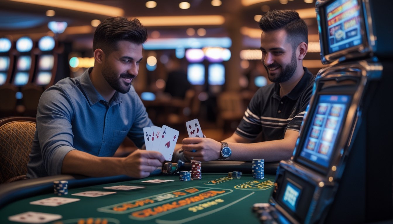 Meja kasino dengan kartu remi, chip poker, dan mesin slot dengan dua pemain yang sedang bermain.