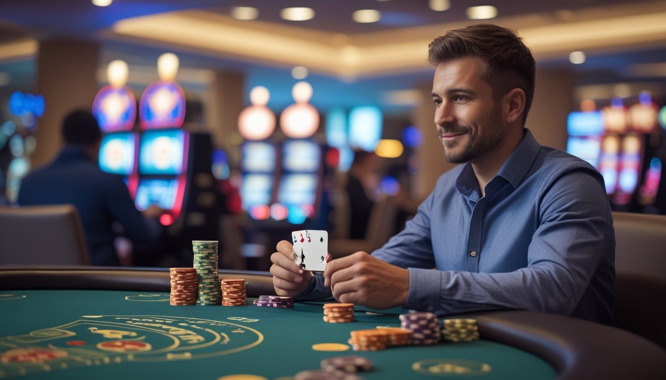 Seorang pemain dewasa duduk di meja poker kasino dengan kartu dan chip, terlihat fokus dan menikmati permainan.