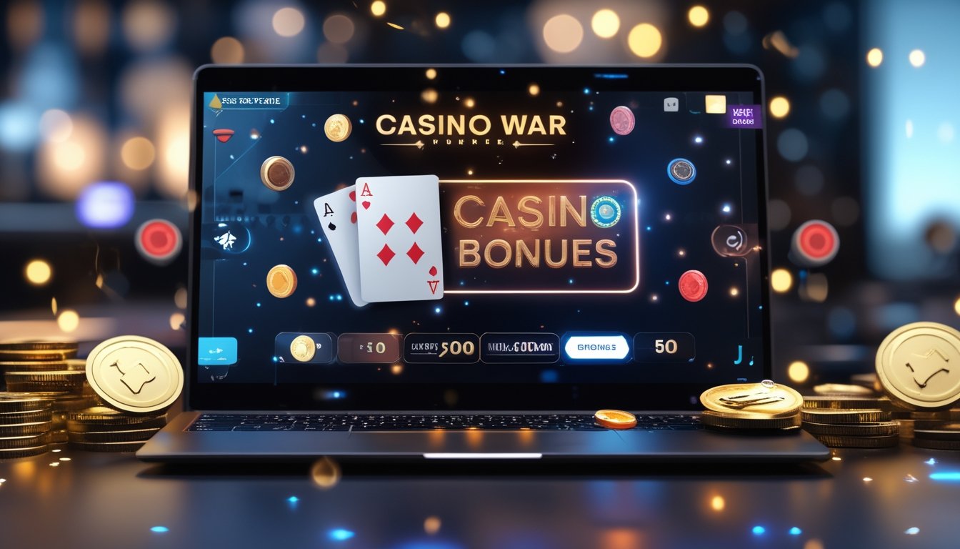 Sebuah laptop menampilkan permainan Casino War Poker online dengan koin digital dan chip di sekitarnya di atas meja.