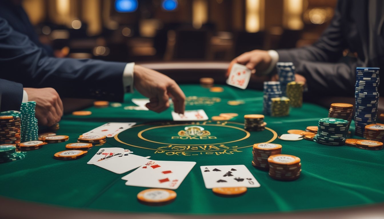 Meja poker kasino dengan kartu dan chip tertata rapi, dealer sedang membagikan kartu di lingkungan kasino mewah.