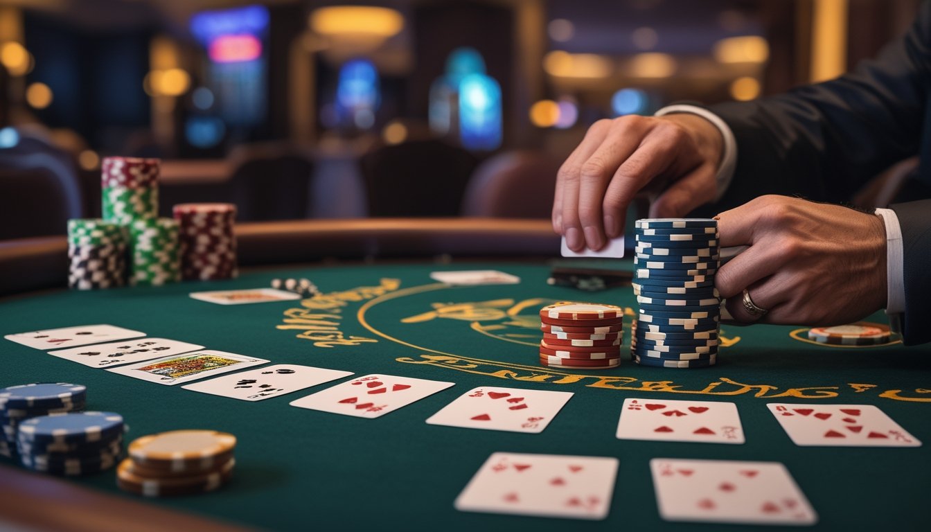 Meja kasino dengan kartu remi dan tumpukan chip poker, tangan dealer sedang membuka kartu, latar belakang suasana kasino yang hangat dan elegan.