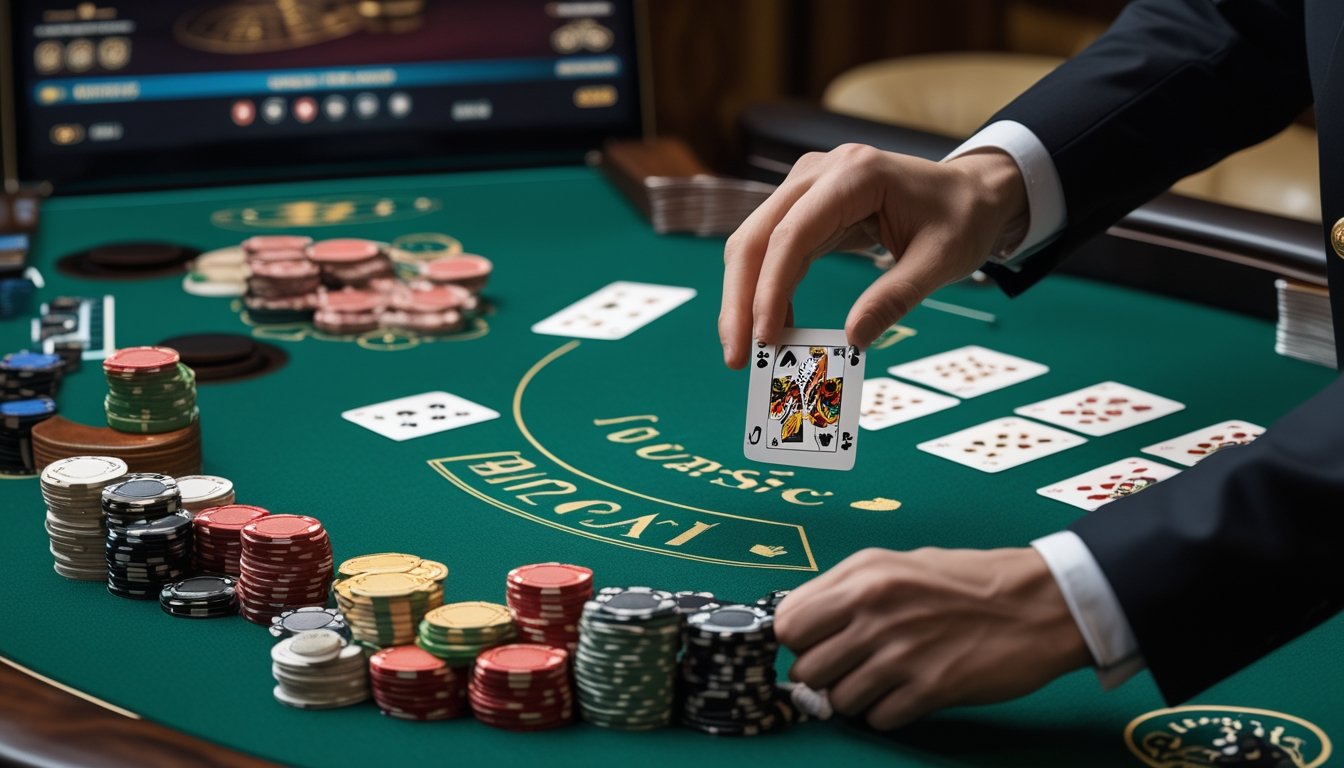 Meja baccarat klasik dengan kartu dan chip di kasino online, seorang dealer sedang membagikan kartu.