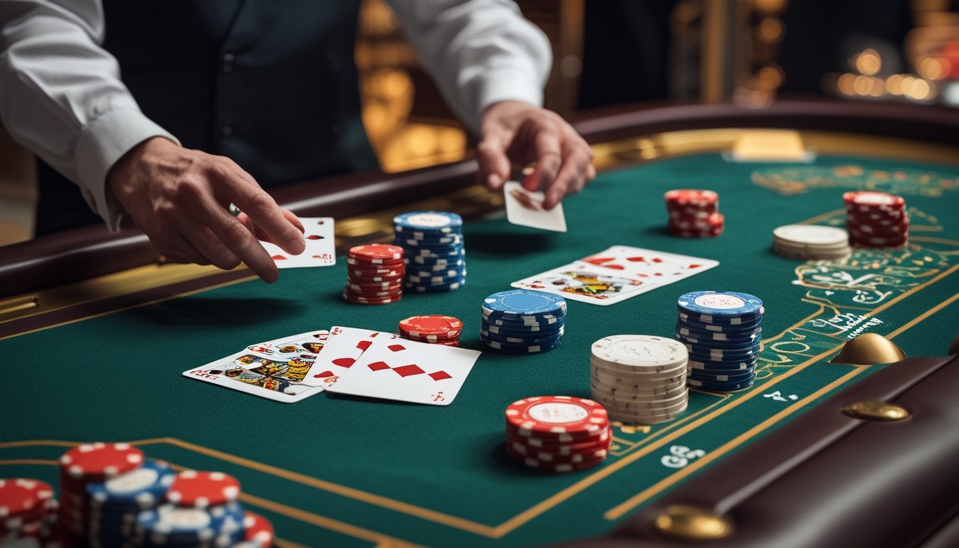 Meja permainan baccarat klasik dengan kartu dan tumpukan chip kasino, serta tangan dealer yang sedang membagikan kartu di lingkungan kasino.