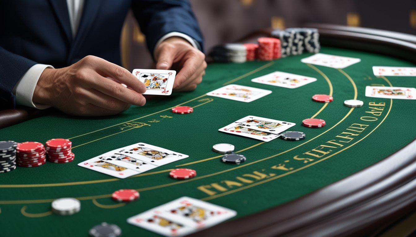 Meja permainan baccarat klasik dengan kartu dan chip, serta tangan pemain yang sedang menempatkan chip di atas meja.