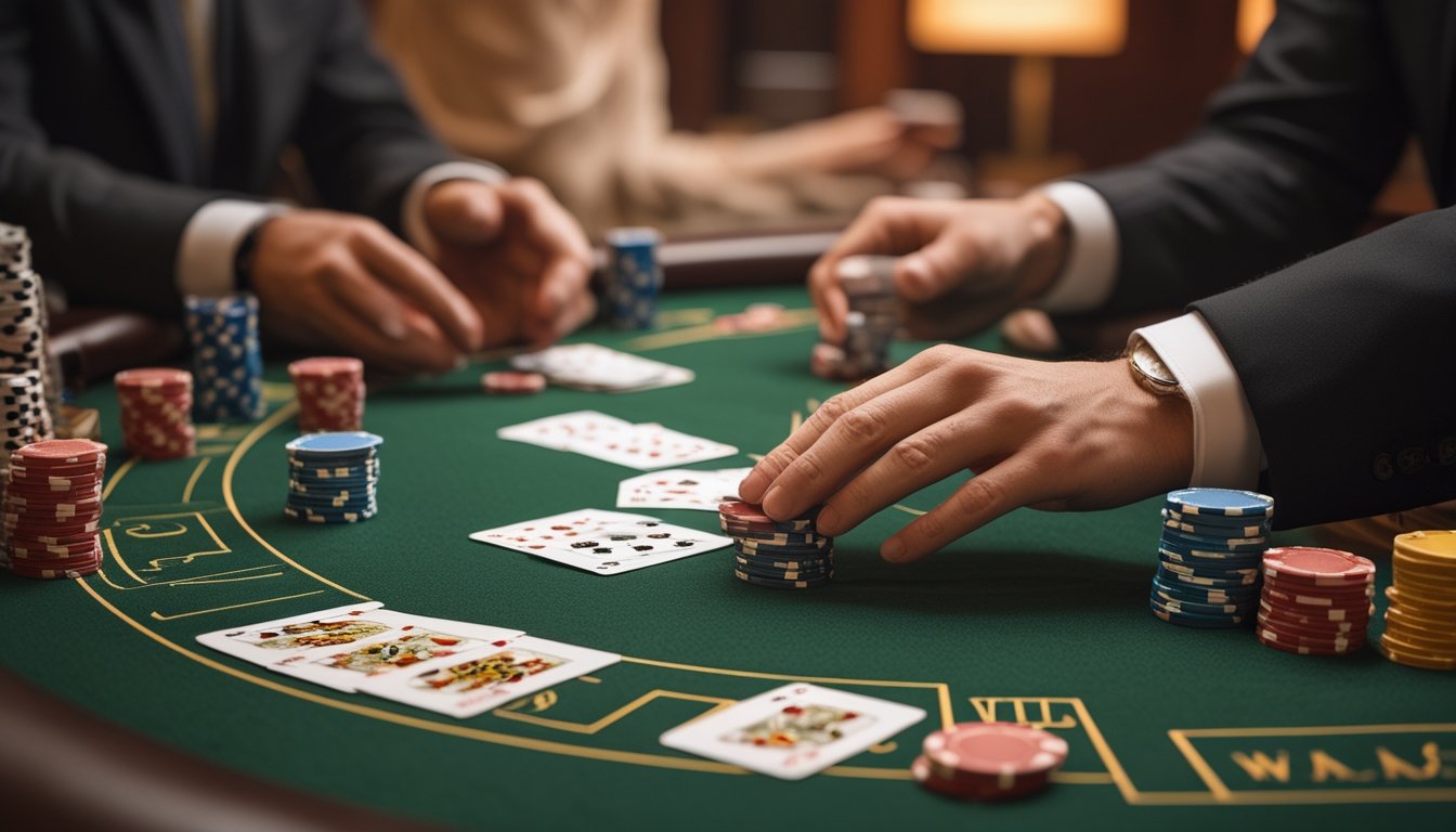 Meja permainan baccarat dengan kartu dan chip poker, dealer sedang membagikan kartu, dua pemain fokus bermain.