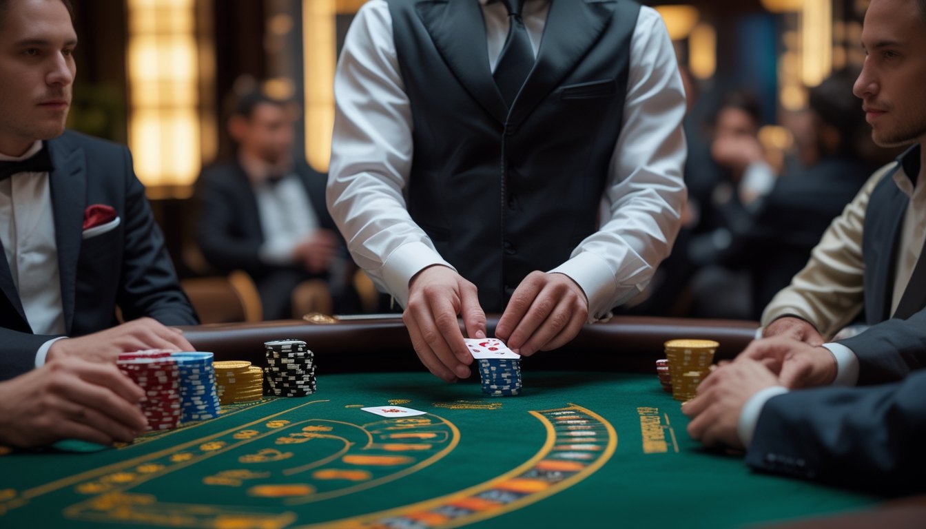 Meja baccarat klasik dengan dealer dan pemain yang sedang bermain kartu di kasino mewah.