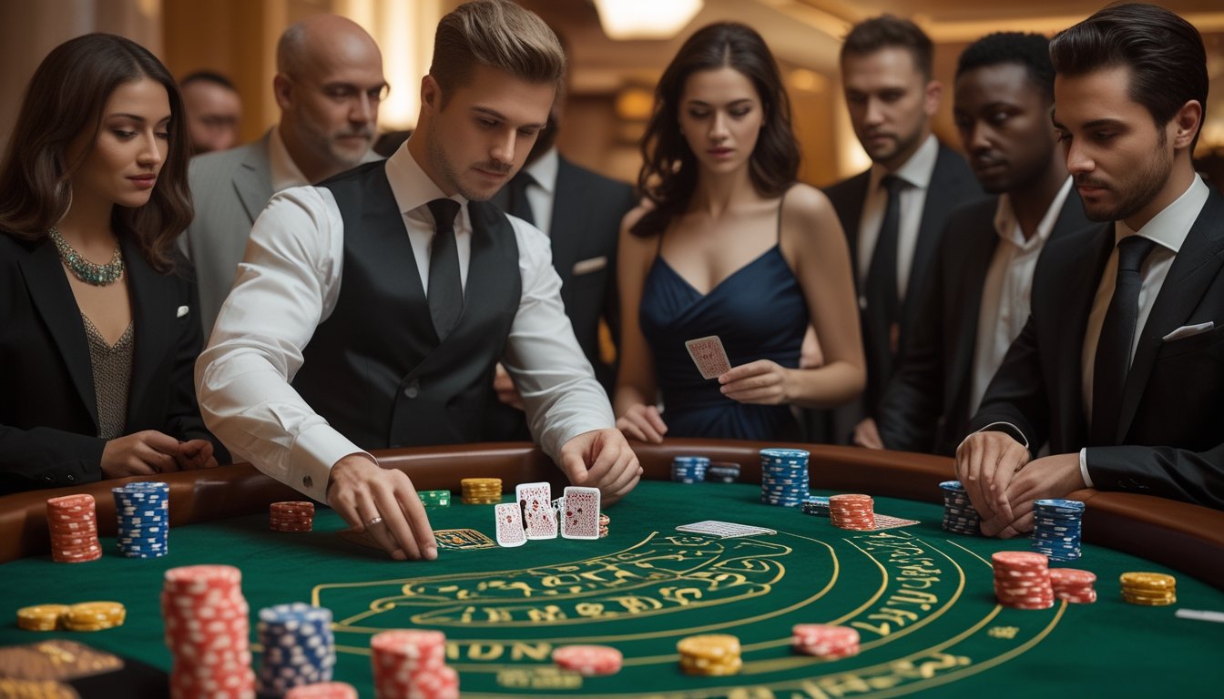 Seorang dealer membagikan kartu di meja baccarat dengan pemain yang fokus di sekitarnya di dalam kasino mewah.