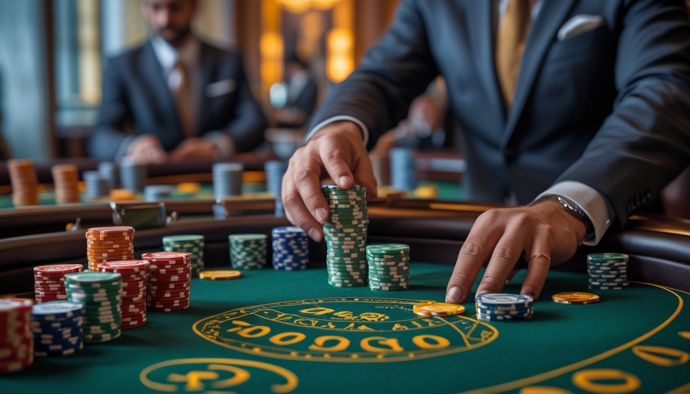 Seorang pemain di meja baccarat klasik sedang mengatur tumpukan chip dengan fokus di dalam suasana kasino yang mewah.