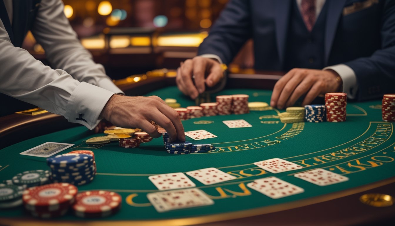 Seorang pemain di meja baccarat klasik sedang mengatur chip dan kartu di kasino dengan suasana mewah.