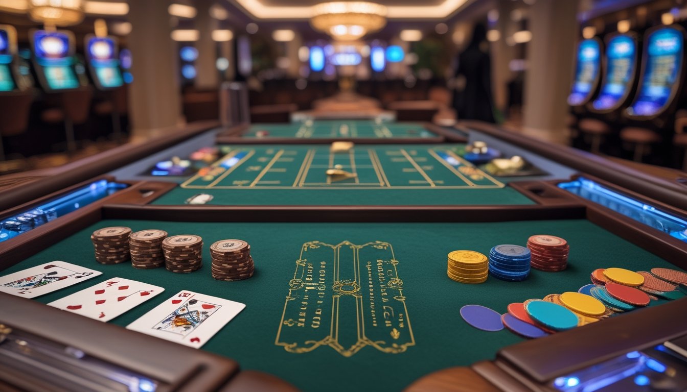 Meja baccarat terbagi menjadi dua bagian, satu dengan perlengkapan klasik dan satu dengan perlengkapan modern di dalam kasino.