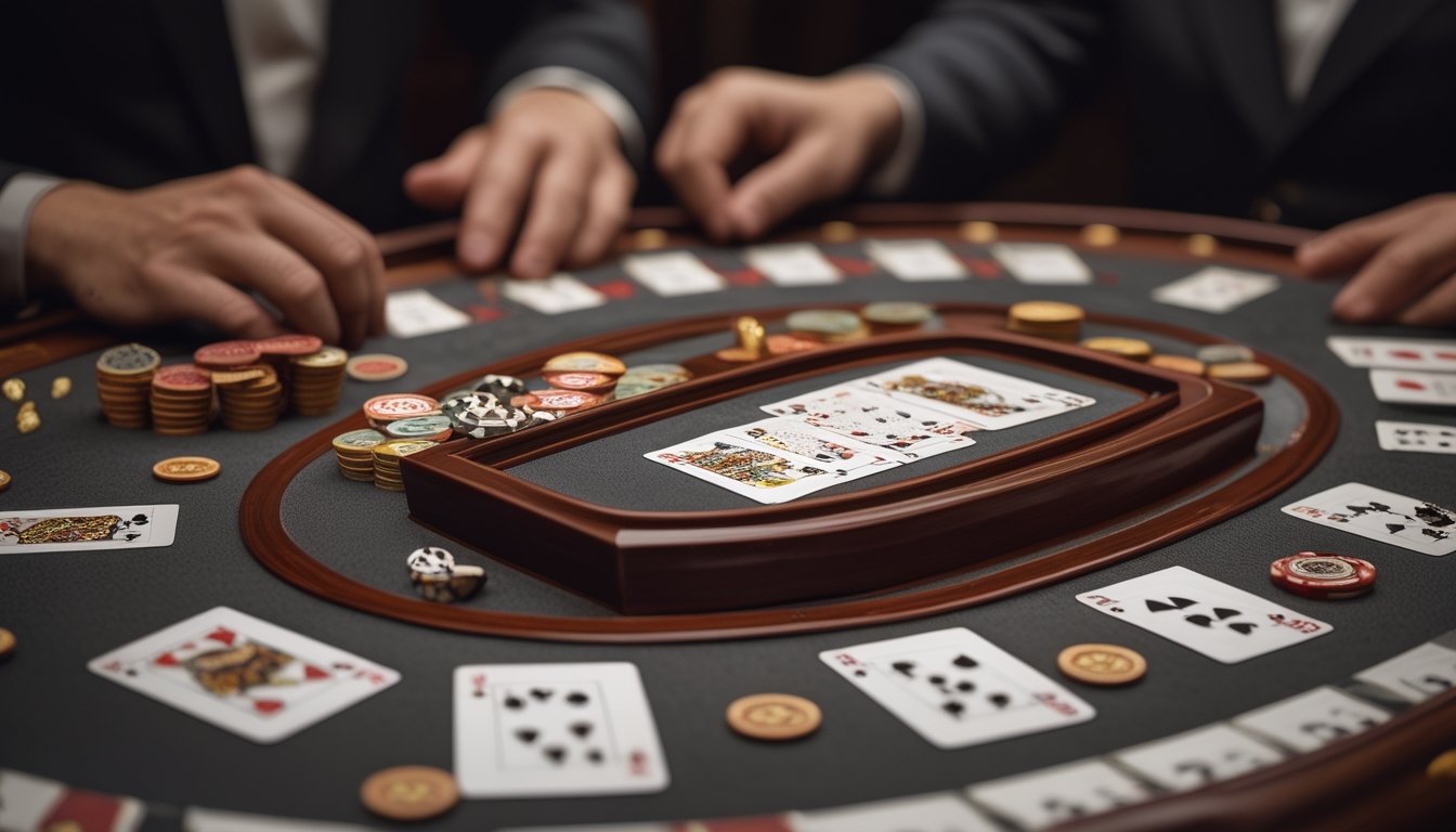 Meja permainan Baccarat dengan kartu dan chip yang tertata rapi, menampilkan suasana tradisional dan modern secara bersamaan.