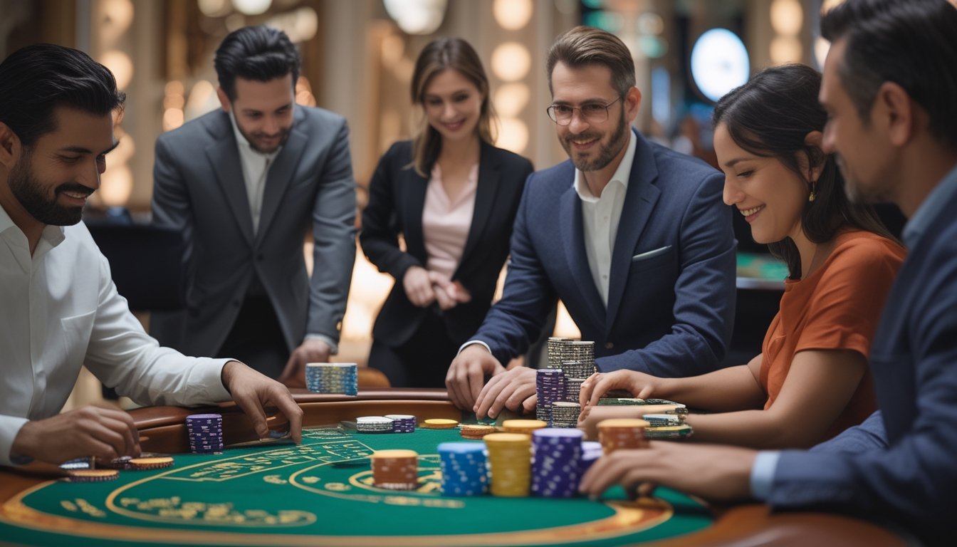 Seorang pria dan wanita sedang bermain baccarat di meja kasino dengan kartu dan chip taruhan, terlihat fokus dan berdiskusi strategi.