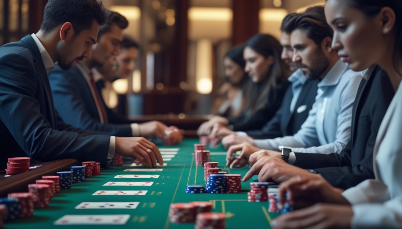 Meja permainan baccarat klasik dengan kartu dan chip taruhan serta beberapa orang yang sedang bermain dengan fokus.