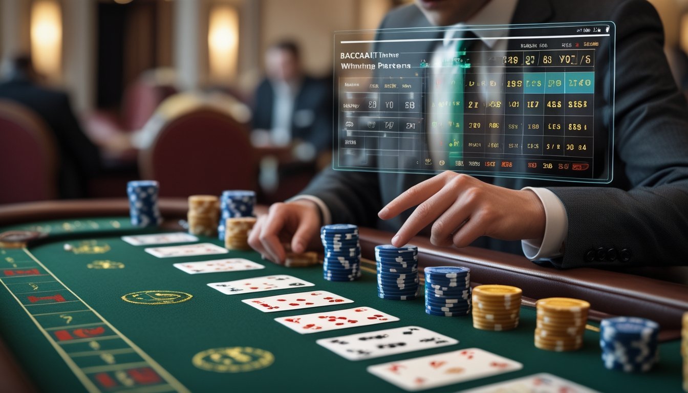 Seorang pemain sedang memperhatikan kartu baccarat di meja kasino dengan suasana yang tenang dan fokus.