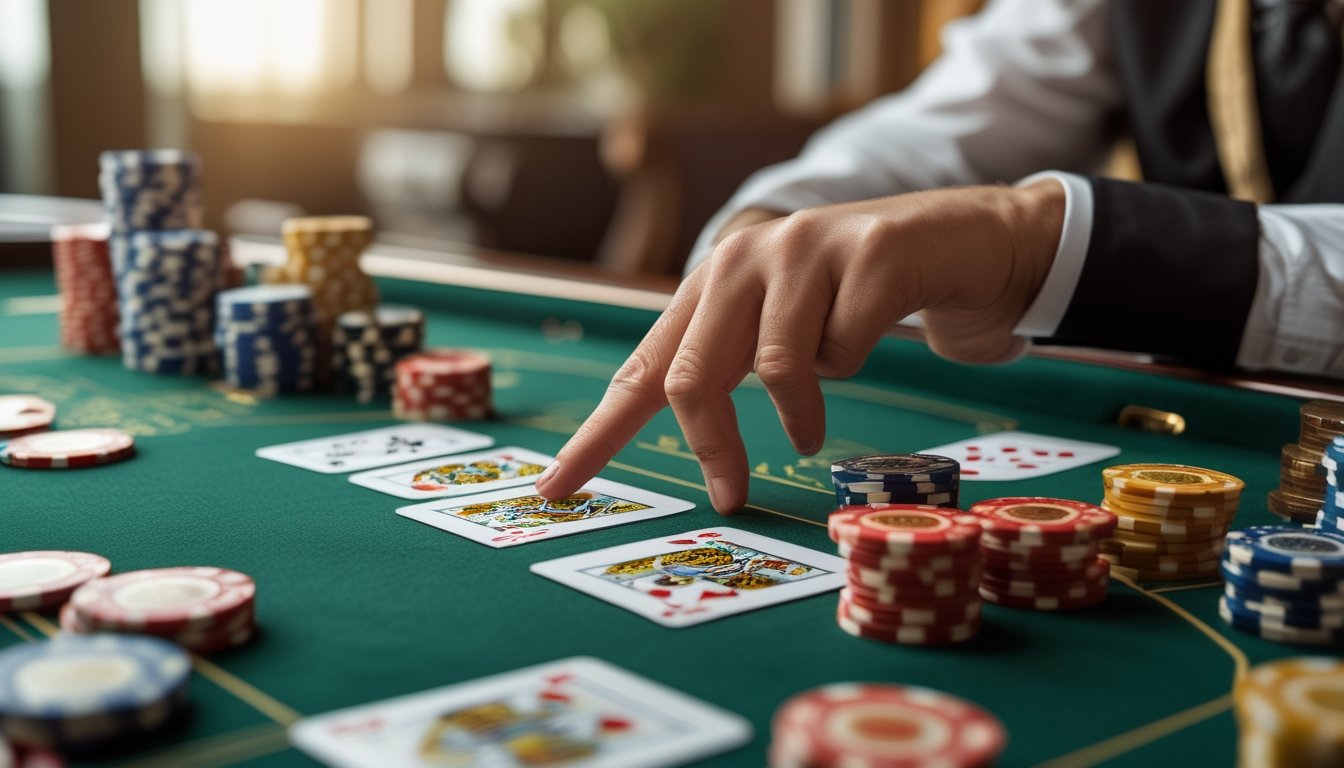 Meja permainan baccarat klasik dengan kartu dan tumpukan chip kasino, tangan menunjuk ke kartu seolah sedang menganalisis pola kemenangan.