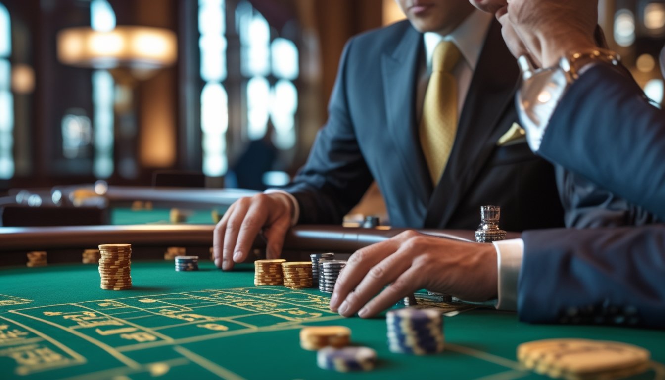 Seorang pemain berpakaian rapi sedang bermain baccarat di meja hijau dengan kartu dan chip di depan mereka di dalam kasino.