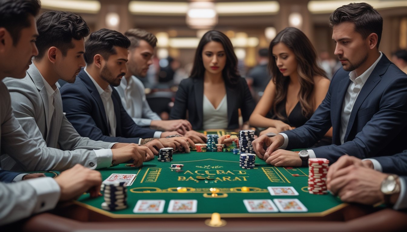 Beberapa pemain duduk mengelilingi meja baccarat klasik dengan kartu dan chip di kasino yang terang dan elegan.