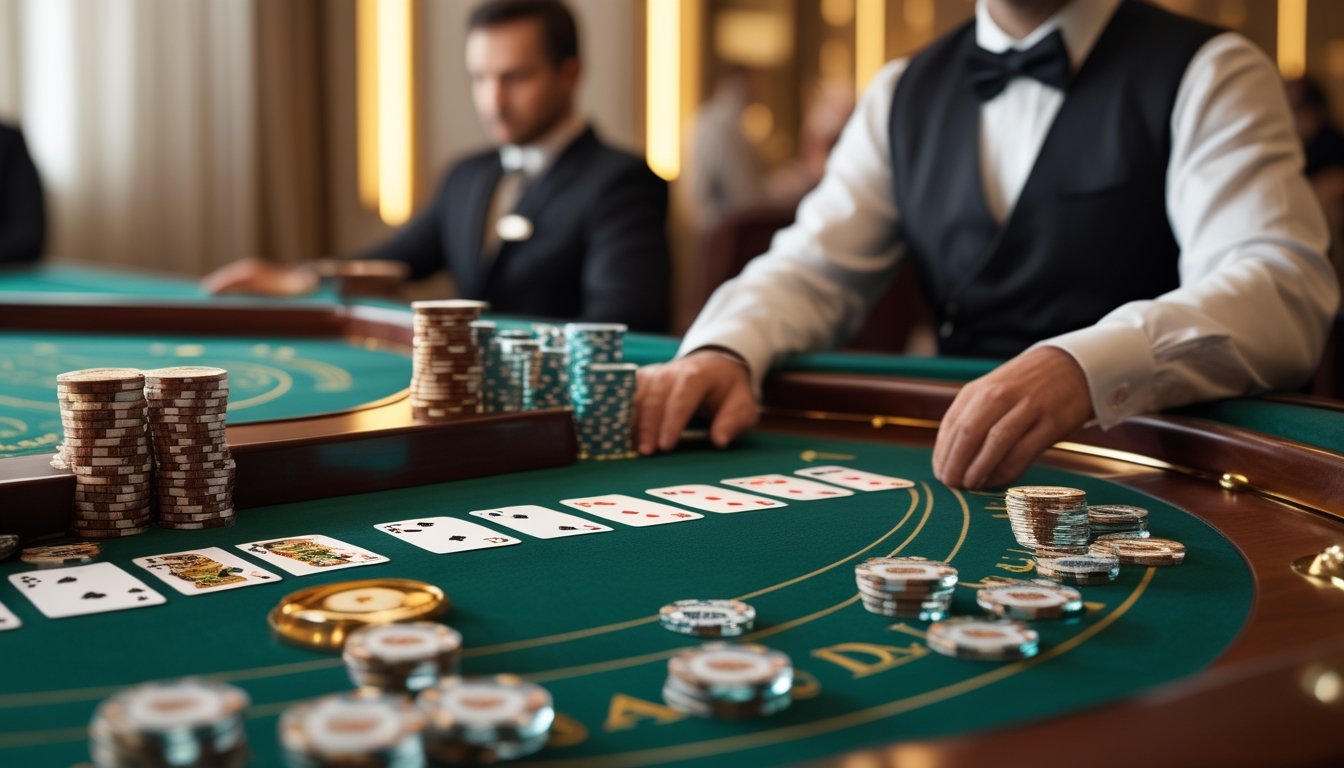 Meja permainan baccarat klasik dengan kartu dan chip, serta seorang dealer yang sedang mengelola permainan di kasino mewah.