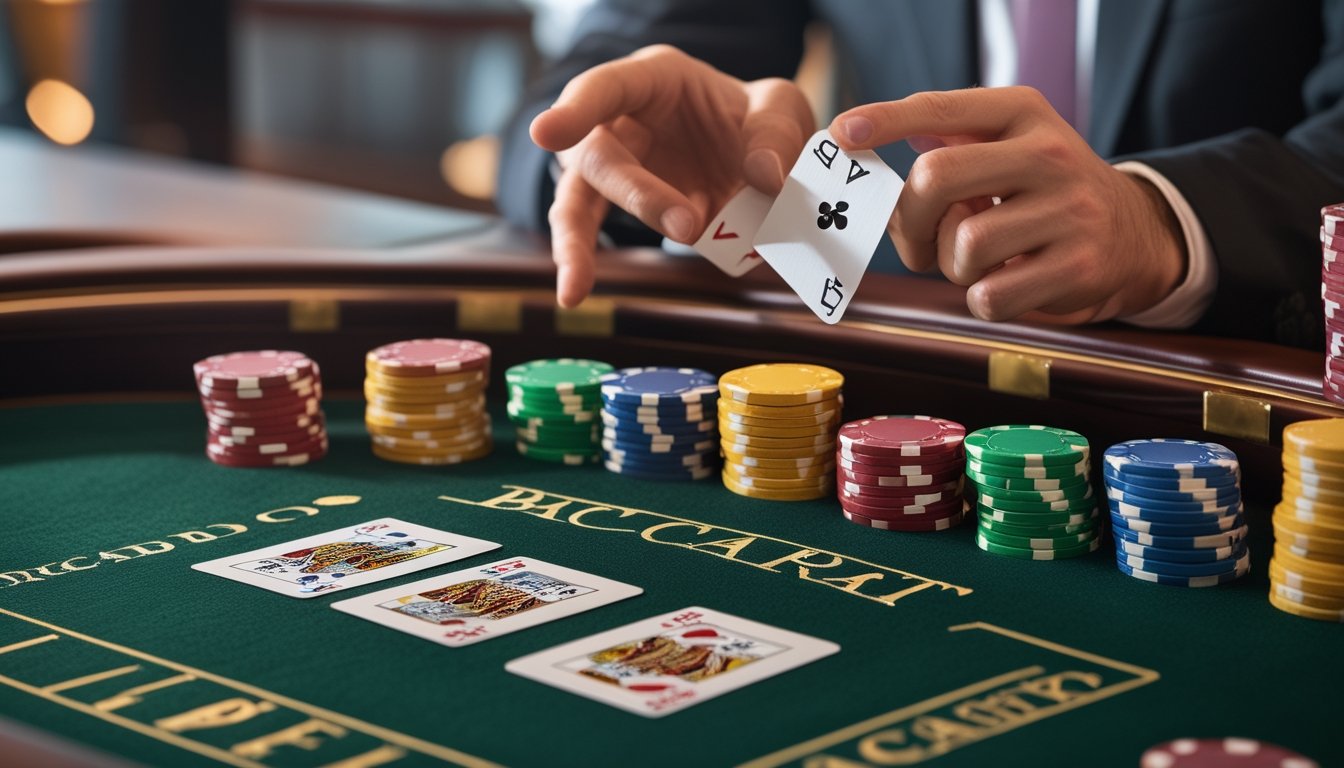 Meja permainan baccarat klasik dengan kartu dan tumpukan chip poker di kasino.