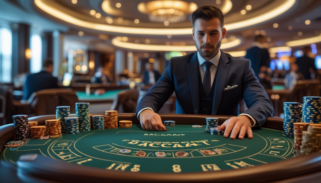 Seorang pemain berjubah rapi duduk di meja baccarat dengan kartu dan chip kasino, di dalam suasana kasino mewah.