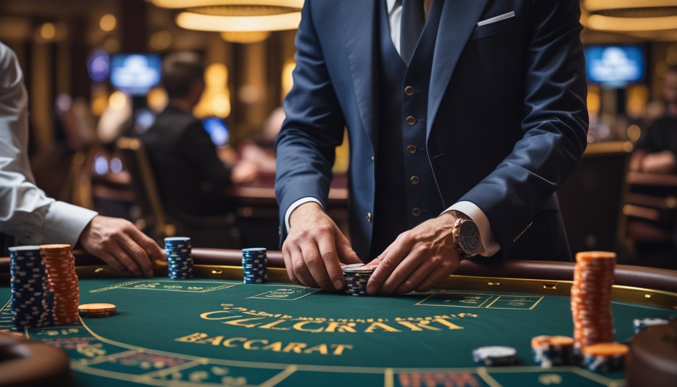Seorang dealer di meja baccarat klasik sedang membagikan kartu dengan pemain yang fokus di latar belakang kasino.