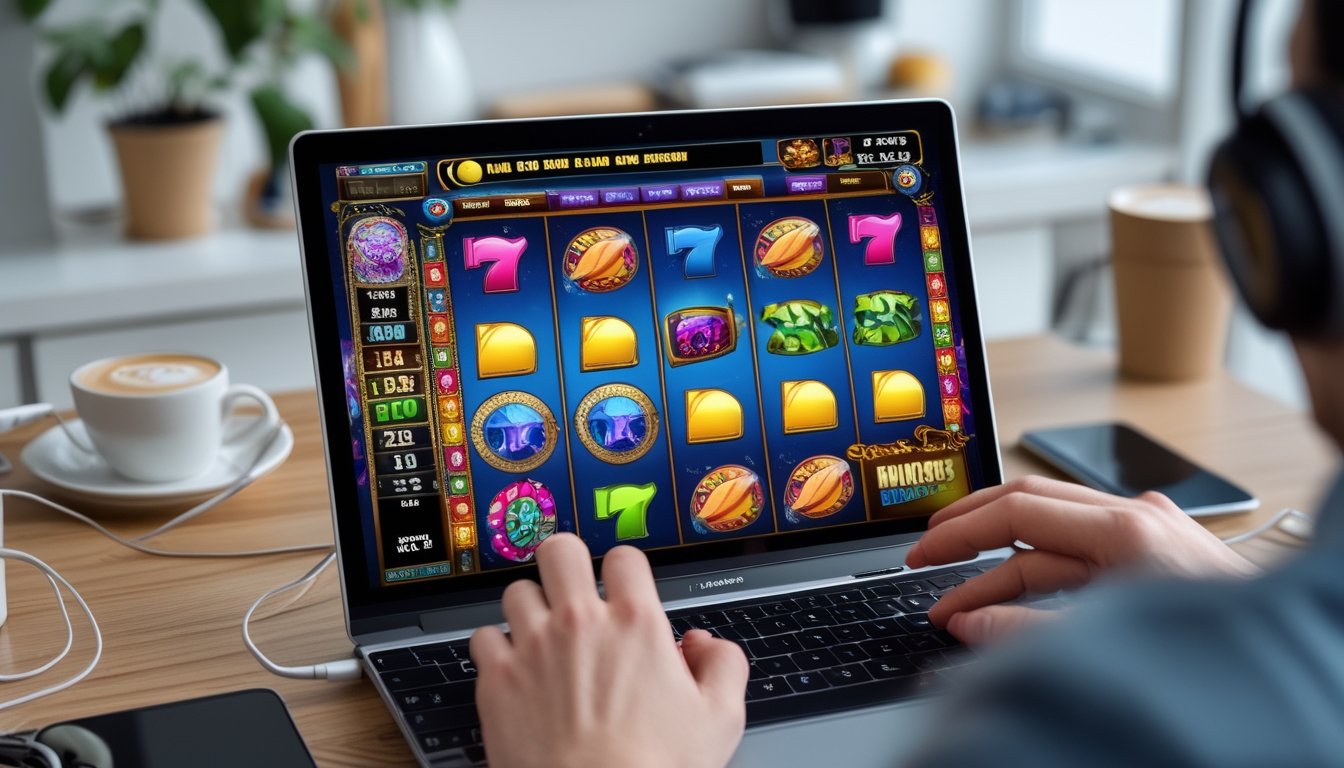 Seseorang bermain permainan slot online di komputer dengan layar menampilkan mesin slot berwarna-warni di ruangan yang terang dan rapi.