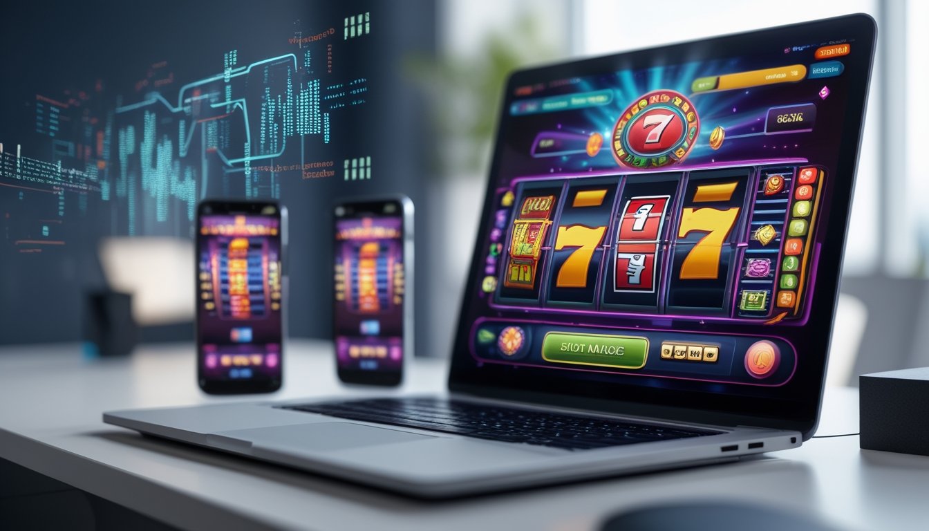 Seorang pria menggunakan laptop dan ponsel yang menampilkan permainan slot online di meja kerja.