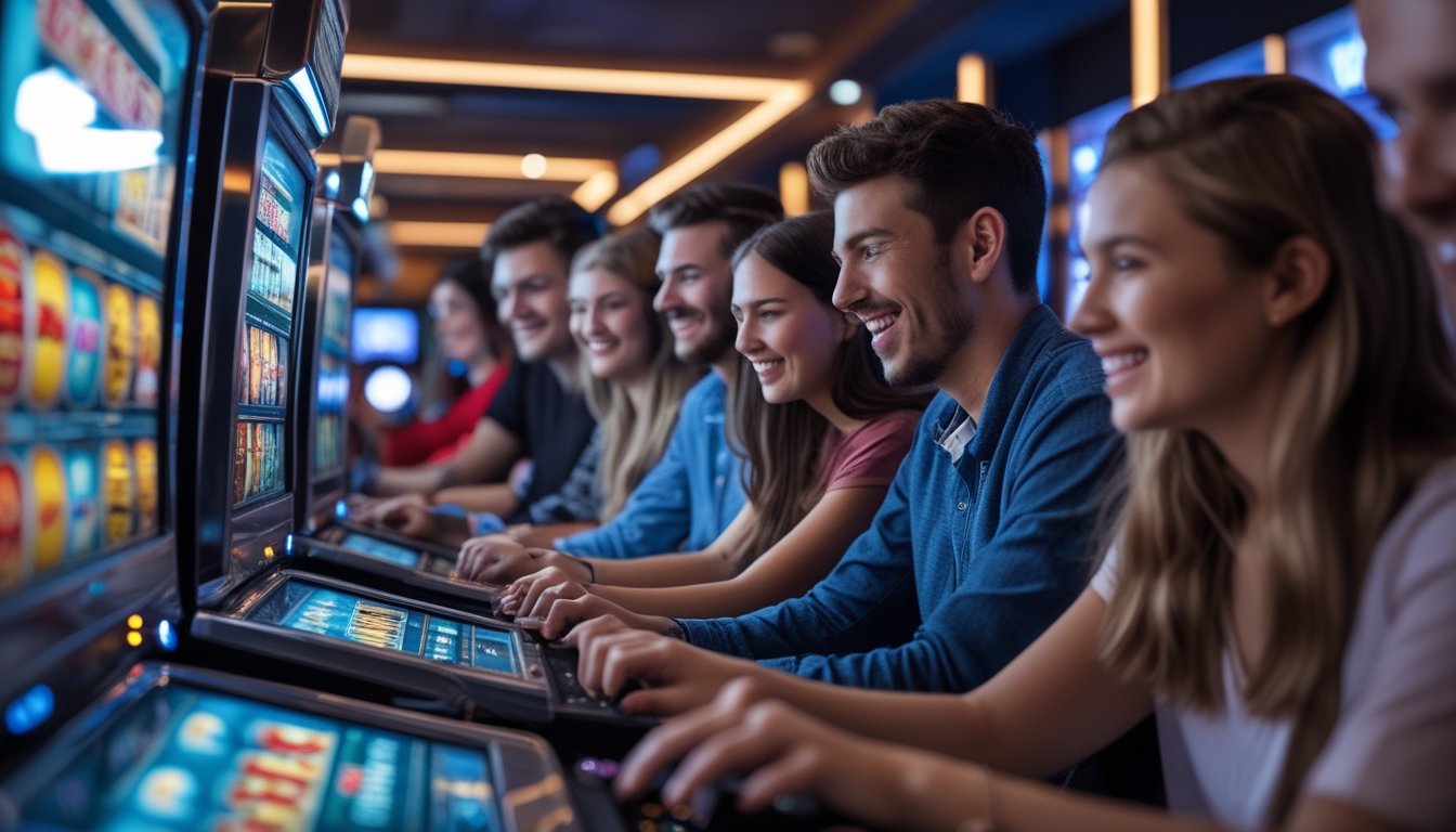 Beberapa orang muda bermain mesin slot digital di sebuah ruang permainan dengan pencahayaan hangat dan suasana yang menyenangkan.