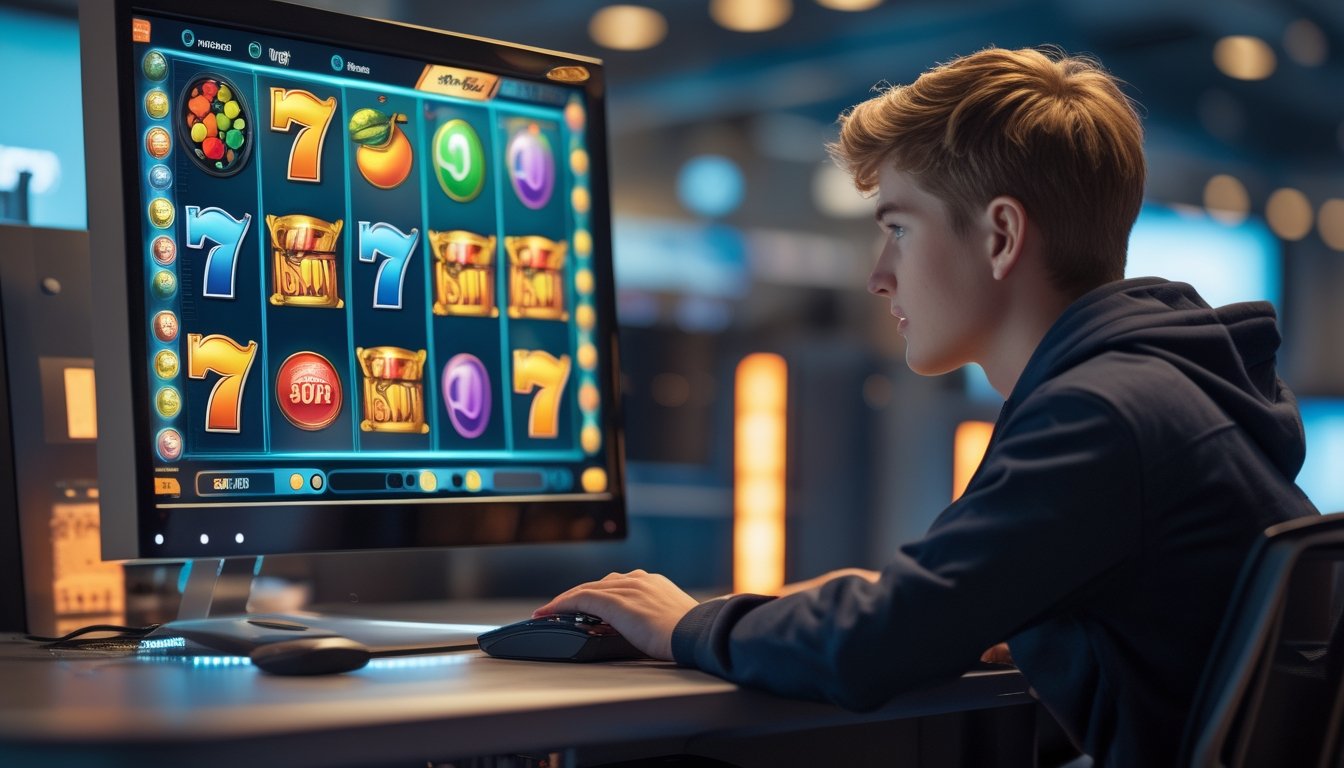 Seorang dewasa muda sedang bermain permainan slot online di depan komputer dengan layar menampilkan mesin slot berwarna-warni.