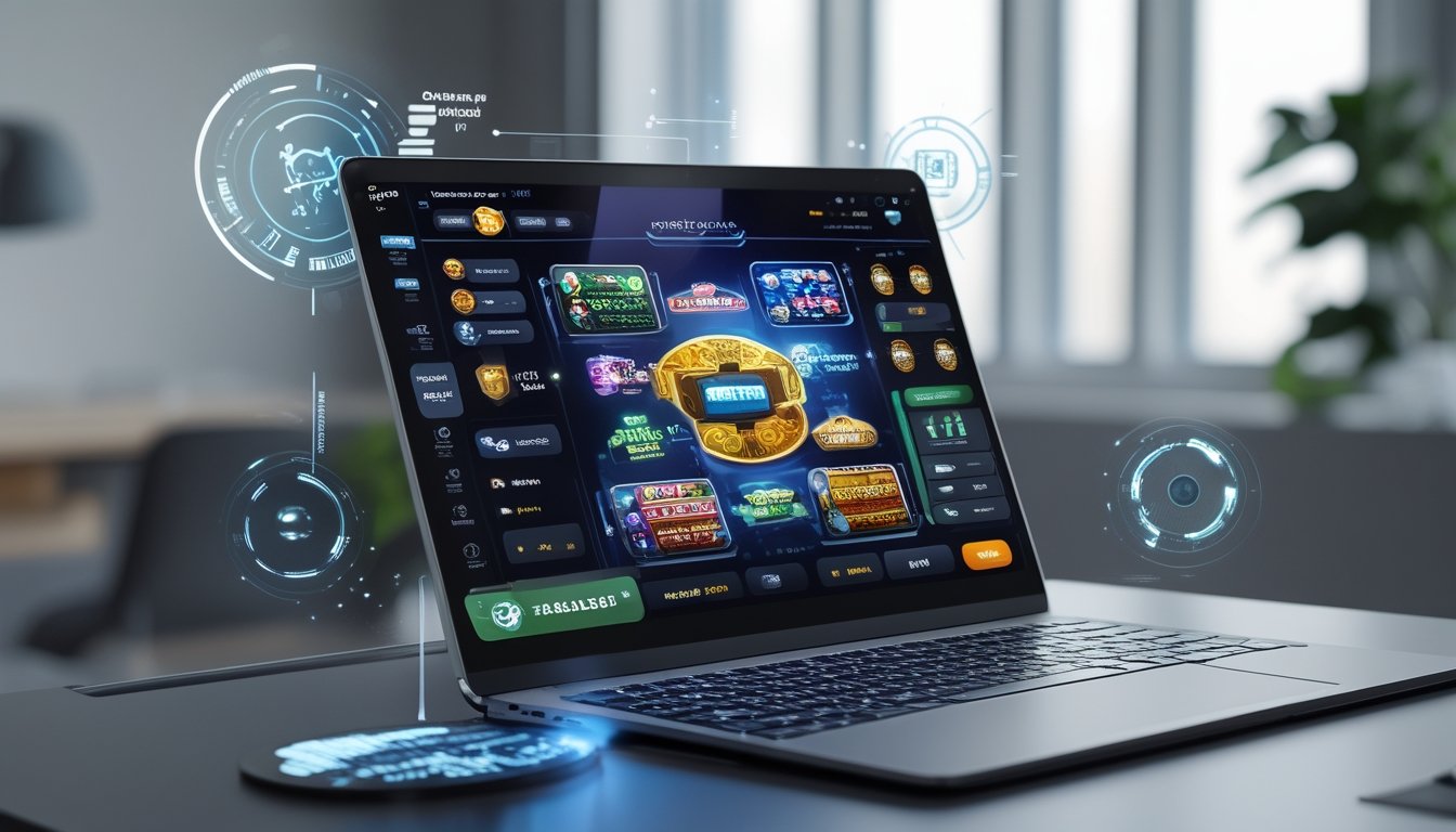 Seorang pengguna sedang melihat layar perangkat digital yang menampilkan permainan slot online dengan latar belakang teknologi digital.
