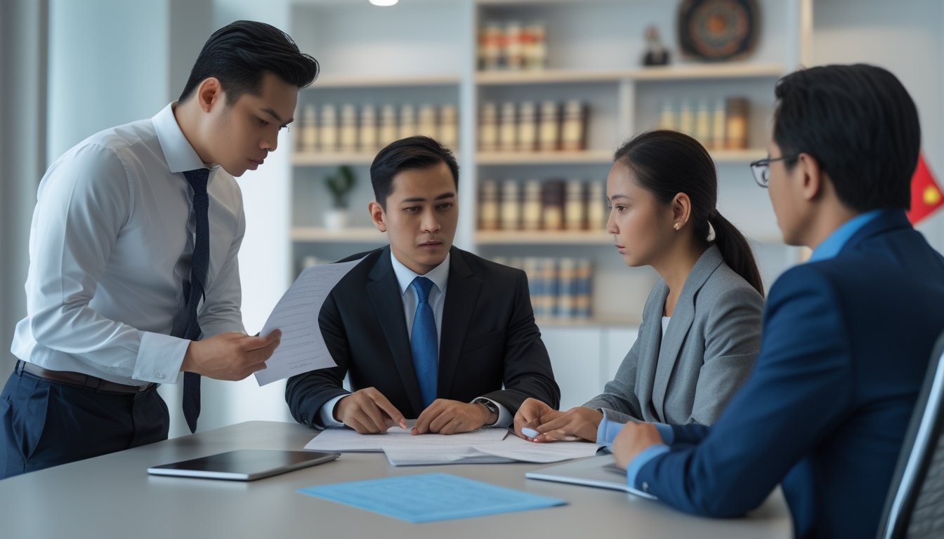 Seorang pengacara sedang menjelaskan dokumen hukum kepada klien di kantor modern dengan buku hukum di latar belakang.