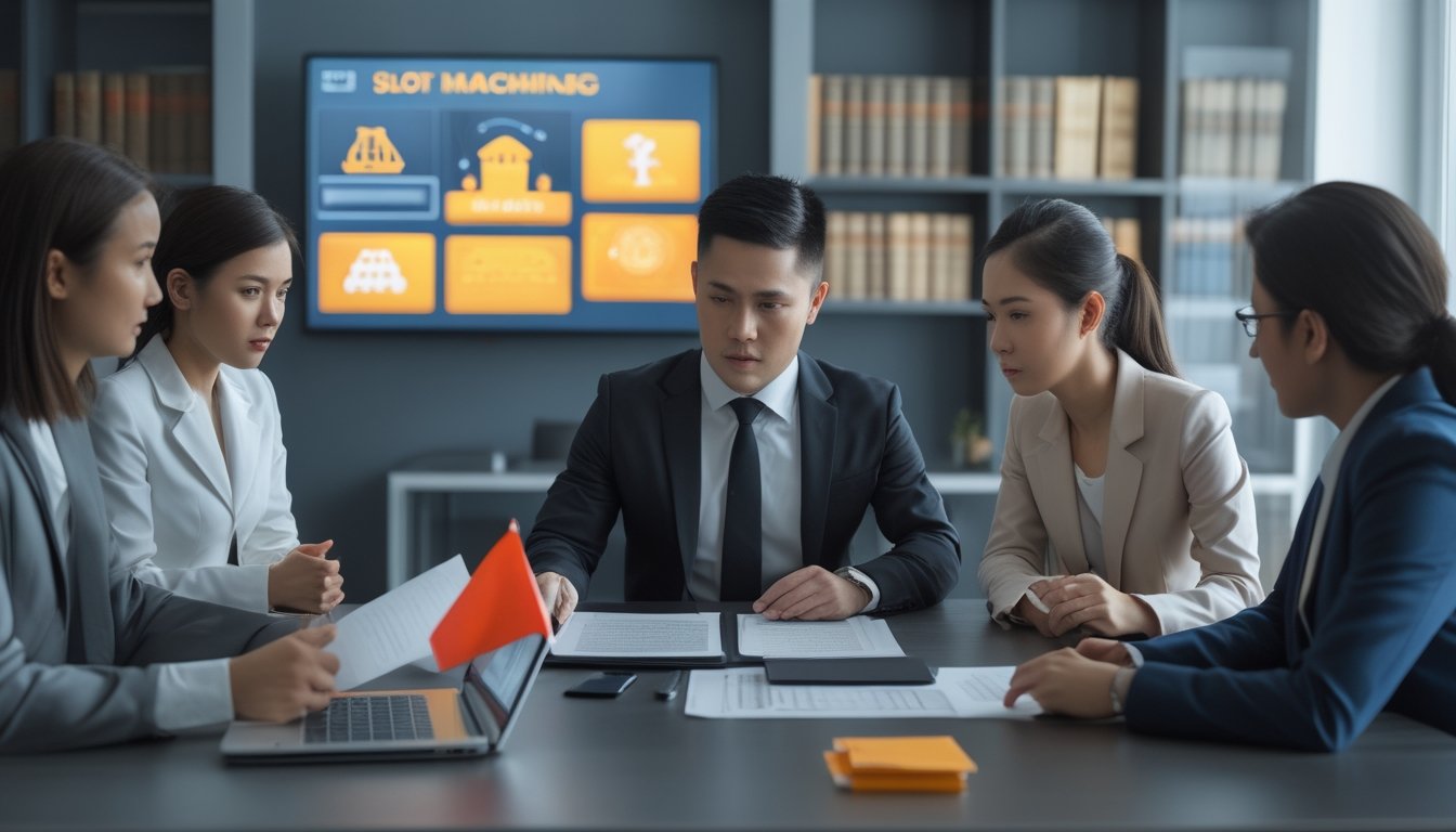 Suasana konsultasi hukum di kantor dengan seorang pengacara menjelaskan dokumen kepada klien yang terlihat serius, dengan latar belakang rak buku hukum dan layar digital.