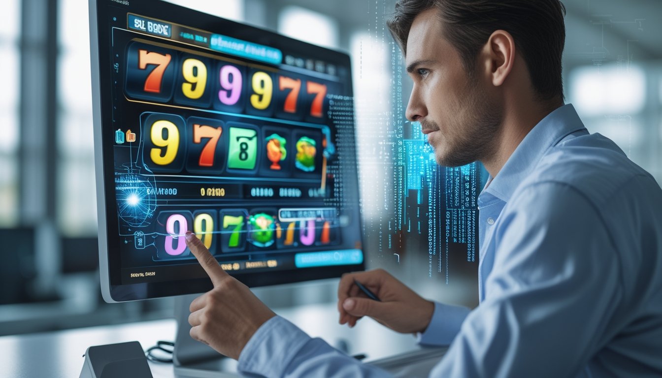 Seseorang sedang menganalisis layar komputer yang menampilkan mesin slot digital dengan simbol berwarna dan elemen grafik yang melambangkan sistem acak.