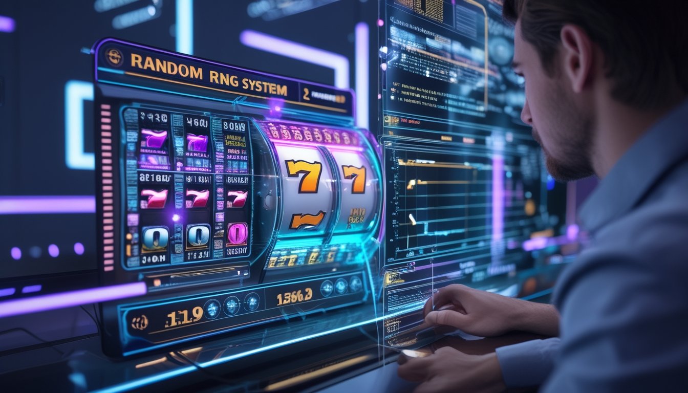 Seorang profesional menggunakan layar sentuh transparan dengan grafik dan angka di latar belakang mesin slot digital yang berputar.