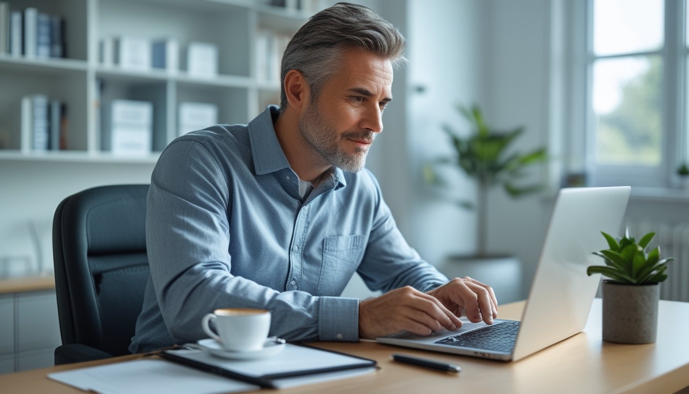 Seorang pria dewasa duduk di meja kerja modern sambil bermain permainan slot online dengan ekspresi tenang dan fokus.
