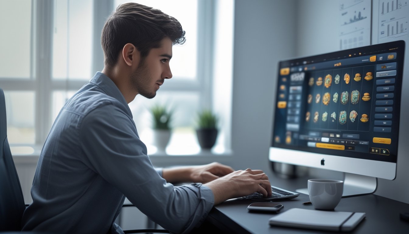 Seorang pria muda sedang bermain slot online di laptop dengan fokus dan tenang di meja kerja yang rapi.