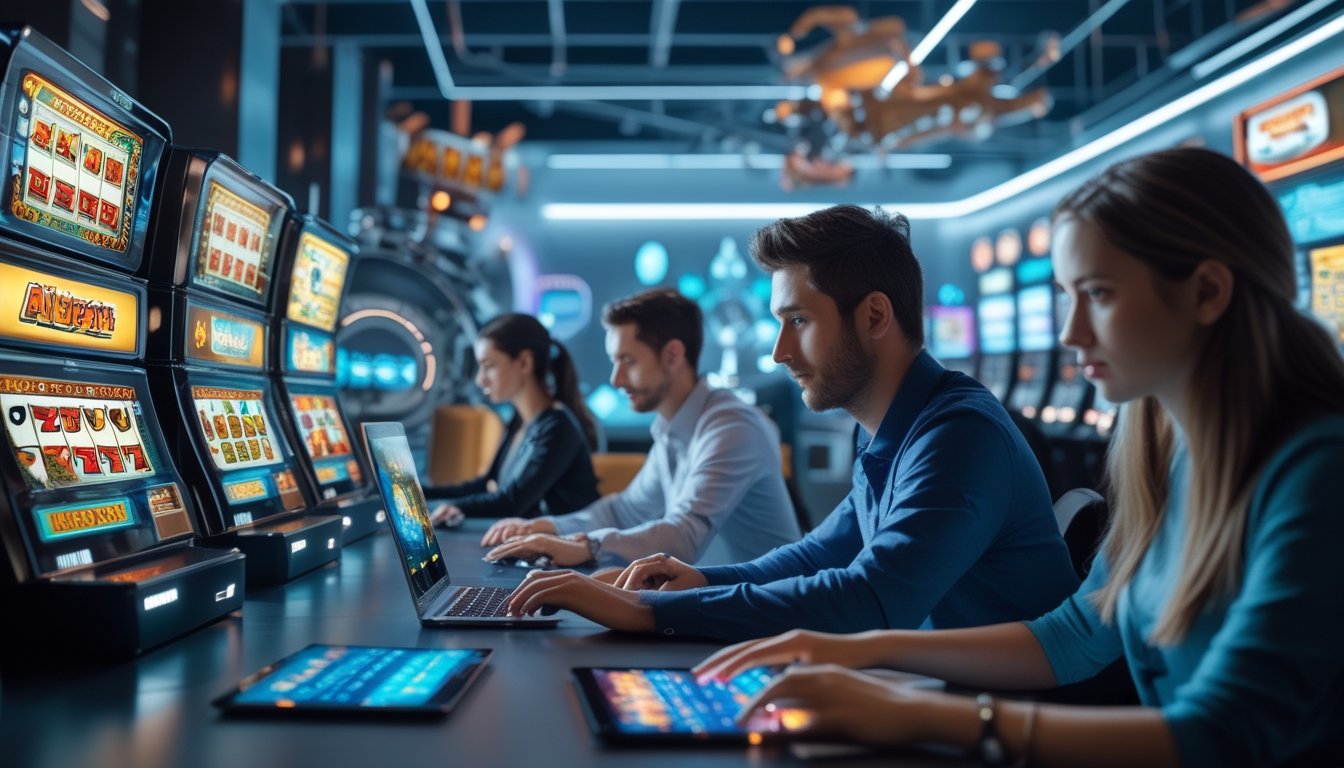 Beberapa orang muda sedang bermain permainan slot online di sebuah ruangan modern dengan layar komputer yang menampilkan grafik permainan slot.