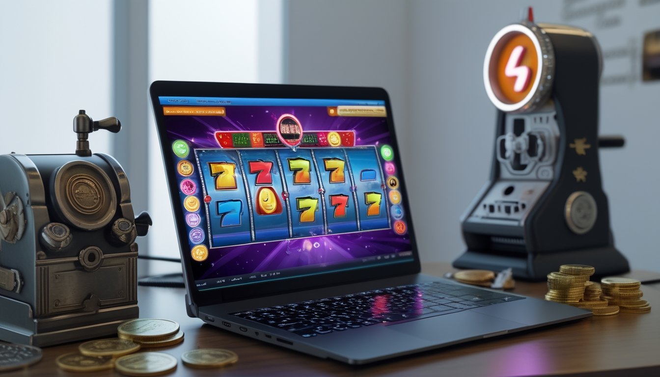 Sebuah komputer menampilkan permainan slot digital dengan mesin slot mekanik kuno dan koin di sekitarnya di atas meja kayu.