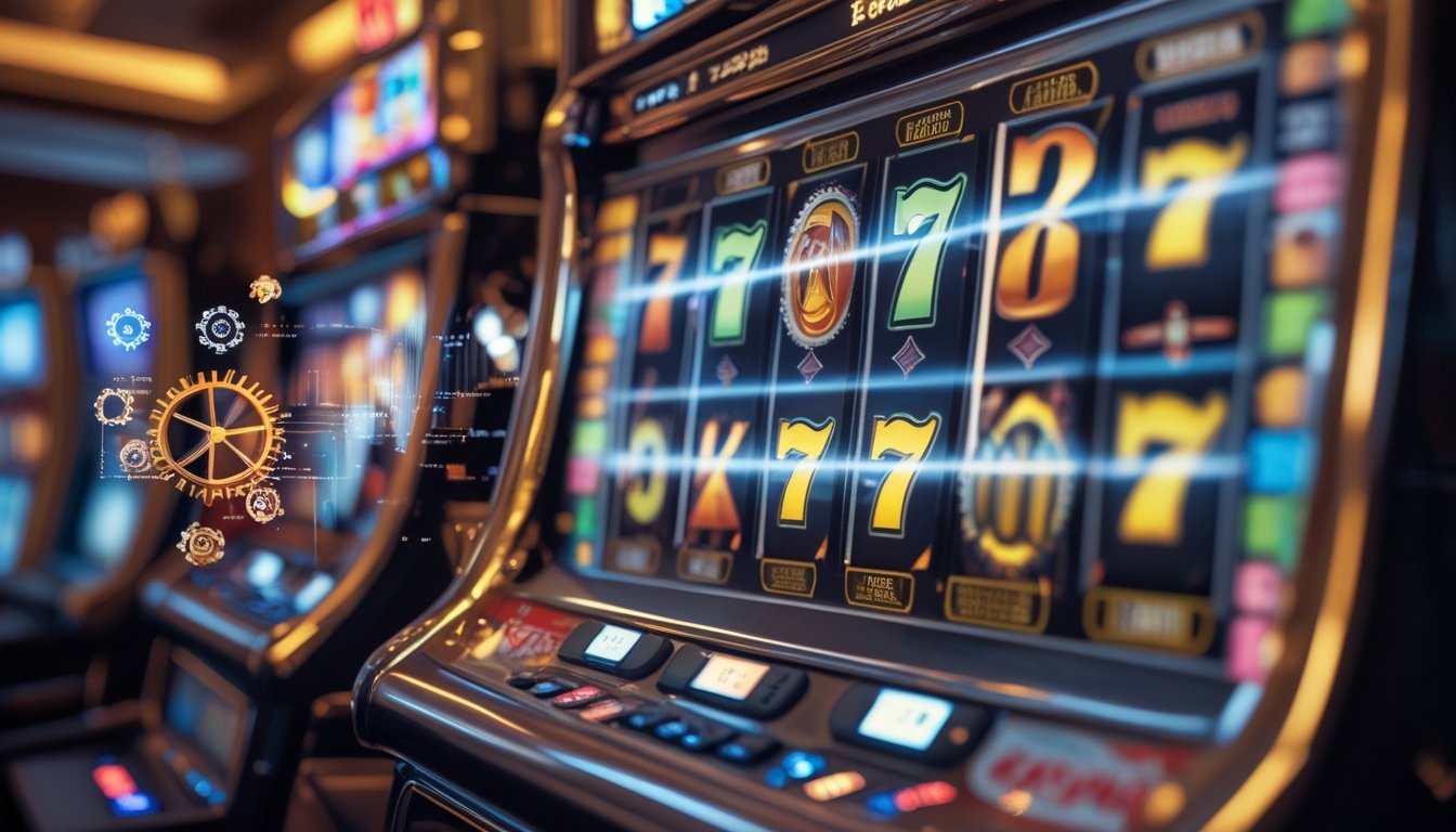Mesin slot modern dengan gulungan berwarna-warni yang berputar di latar kasino yang samar.