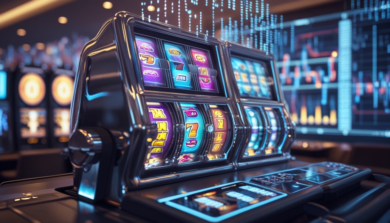 Mesin slot modern dengan gulungan berwarna-warni yang berputar, dikelilingi oleh elemen digital seperti kode biner dan grafik statistik di latar belakang.