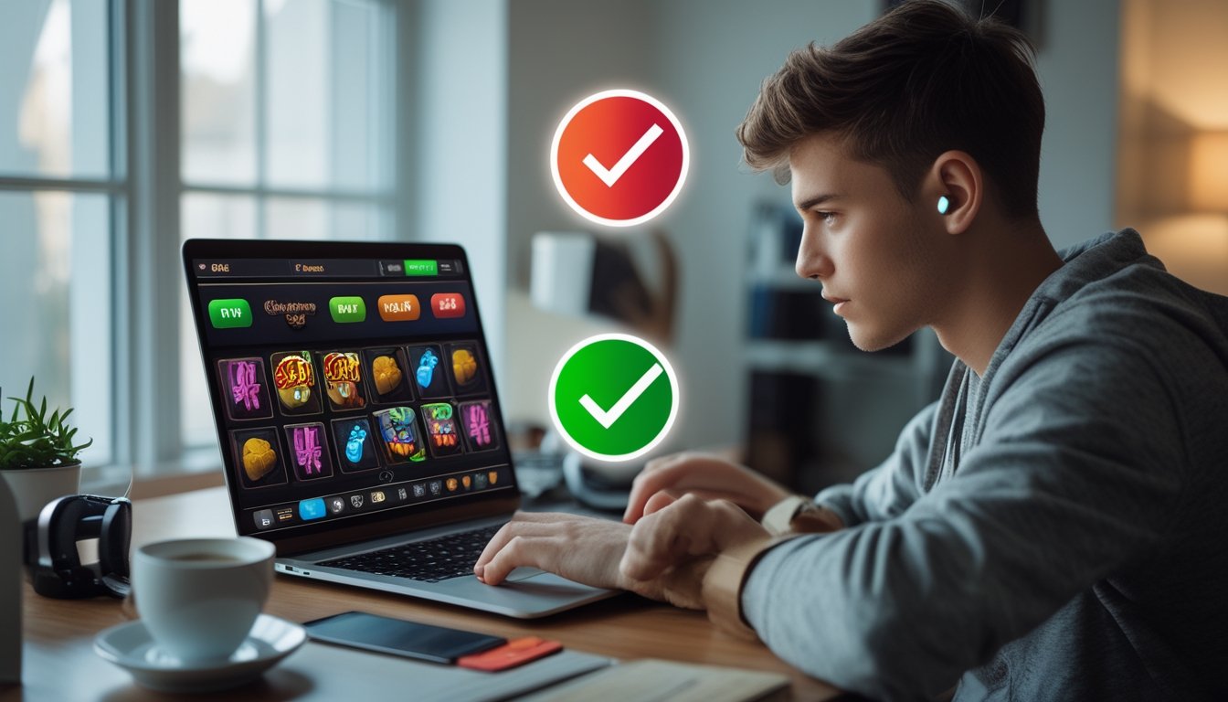 Seorang dewasa muda duduk di depan laptop dengan permainan slot online di layar, di meja terdapat ikon centang hijau dan peringatan merah yang mewakili kelebihan dan kekurangan bermain.