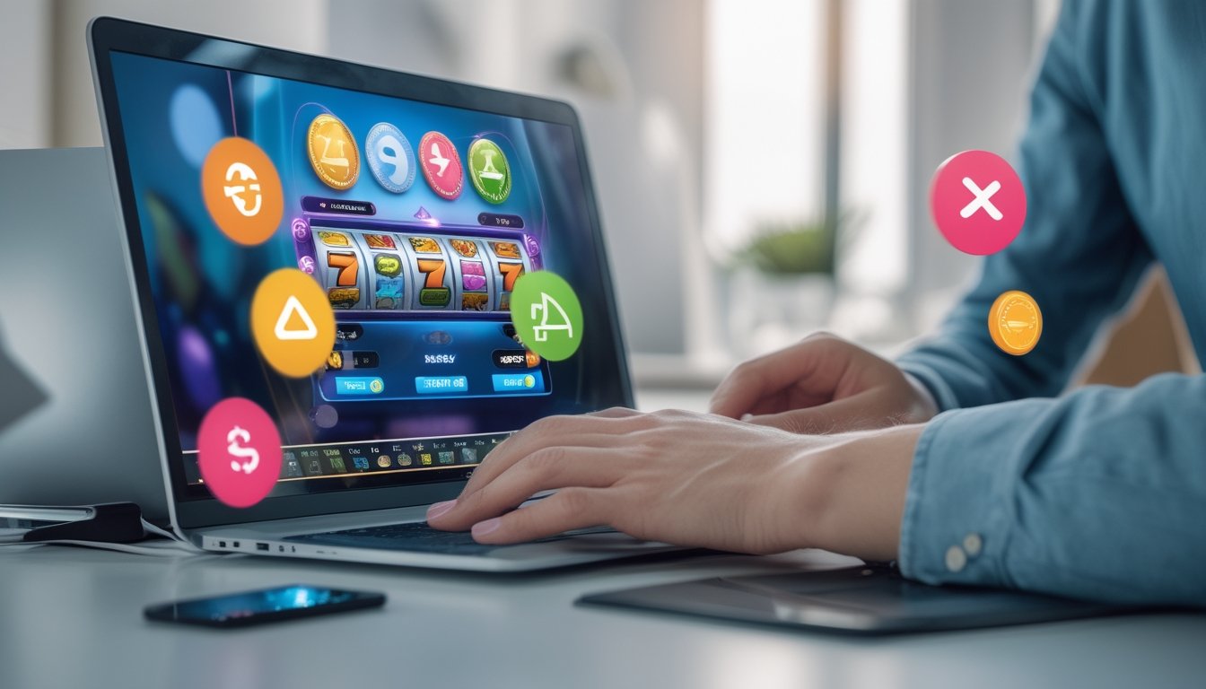 Seorang pengguna sedang bermain permainan slot online di laptop di meja kerja dengan simbol keuntungan dan risiko di sekitarnya.