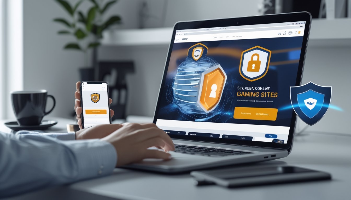 Seseorang menggunakan laptop di meja kerja dengan suasana tenang, memeriksa situs permainan online yang aman.