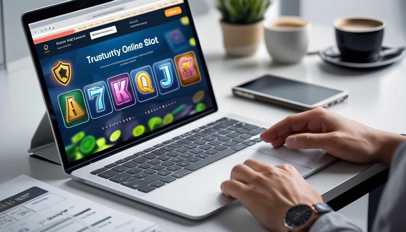 Seseorang menggunakan laptop dengan tampilan situs slot online yang aman di meja kerja yang rapi.
