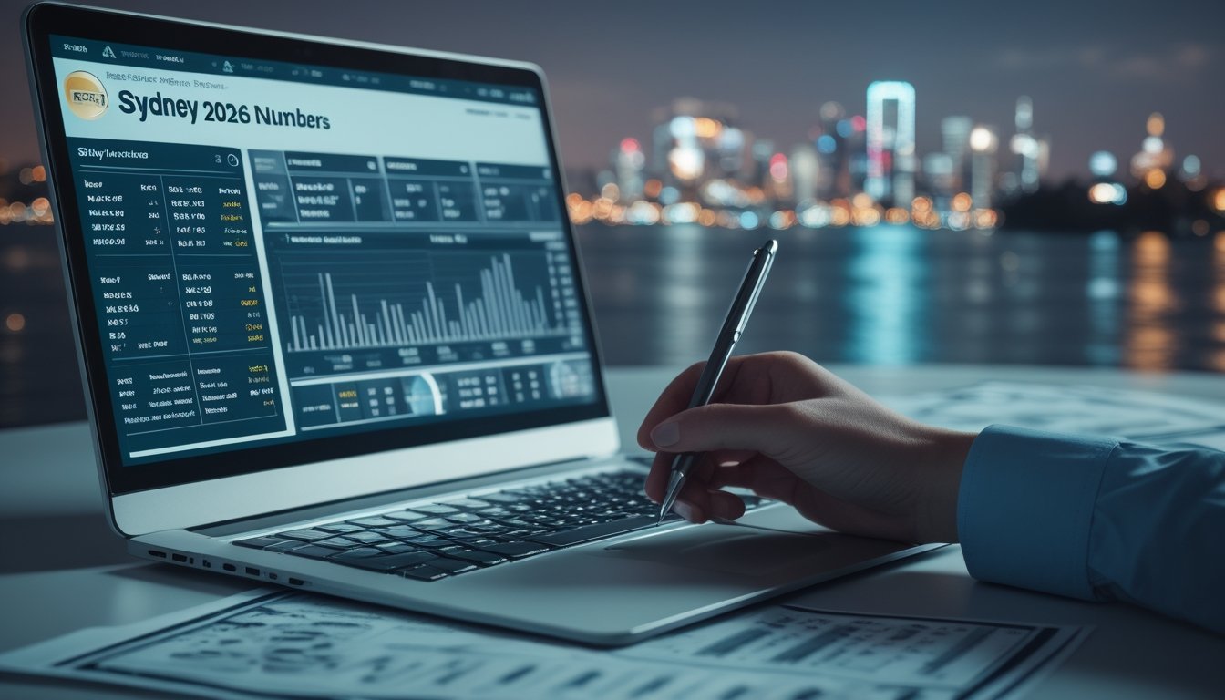 Meja kerja modern dengan laptop menampilkan data angka dan grafik, tangan seseorang menunjuk layar, latar belakang kota Sydney malam hari dengan lampu kota.