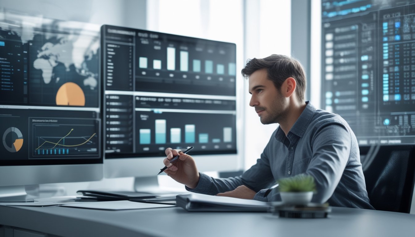 Seorang analis sedang memeriksa data dan grafik pada beberapa layar komputer di ruang kantor yang rapi dan terang.